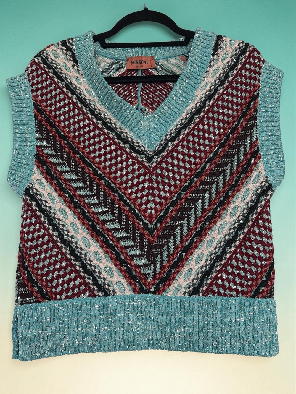 Missoni V-Neck Knit Sweater Vest - Teal and Burgundy